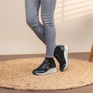 Remonte Lace Wedge Trainer With Side Zip - Black Leopard
